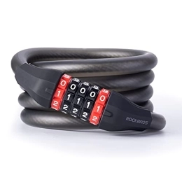 RockBros Accessoires ROCKBROS Antivol de Vélo, Cadenas 180 cm / 15 mm Câble Pliable avec 5 Chiffres Code Combinaison Noir