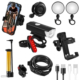 KSOEE Bike Lock Bike Accessories, Bike Lock, Bike Lights USB Rechargeable Headlight Taillight, Bike Bell, Bike Pump, Bike Phone Mount, Bike Water Bottle Holder, 8 in 1 Bike Accessory for Adult Bike (8-Packs)