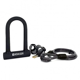 KRASER KR65145B Universal Anti-Theft Bicycle Lock + Braided Steel Cable 120 cm + Bracket, High Security, Adult Unisex, Black, Standard