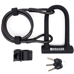 KRASER Bike Lock KRASER Kr65145b Universal Anti-Theft Bike Padlock + Braided Steel Cable 120cm + Support, High Security, Black / White, Estándar