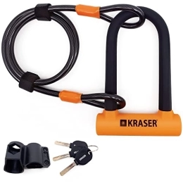 KRASER Accessories KRASER KR65145N Universal Anti-Theft Bicycle U Padlock + Braided Steel Cable 120cm + Support, High Security, Orange, Estándar