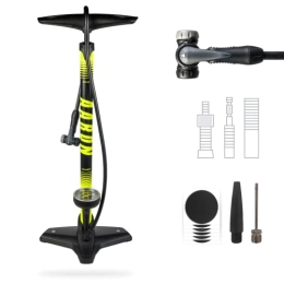 AARON Accessories AARON - Sport One Bike Floor Pump with Pressure Gauge - Presta Schrader - High-Pressure Bike Pump incl. Ball Attachment - Tyre Pump for E-bikes Mountian Bikes, Road Bikes - Yellow