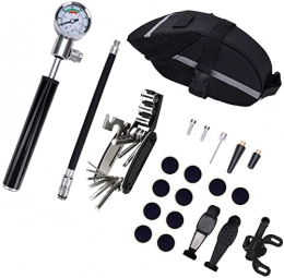 Bicycle Pump Portable Mount Kit Set With Gauge Fits Presta And Schrader Mini MTB Bicycle Tire Pump With Glueless Puncture Repair Kit And Bike Saddle Bag Bike Pump with Gas Ne(Size:20*2cm,Color:Black)