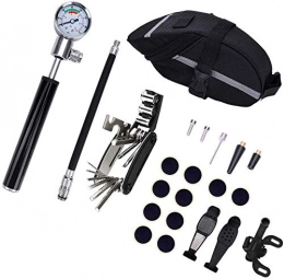 WYFDM Accessories Bike Pump Mount Kit Set With Gauge Fits Presta And Schrader Mini MTB Bicycle Tire Pump With Glueless Puncture Repair Kit And Bike Saddle Bag Bike Frame-Mounted Pumps (Color , Black, Size , 20 * 2cm...
