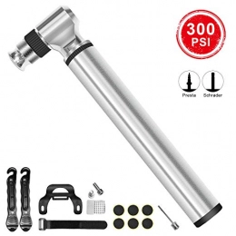 DTNO.I Bike Pump DTNO.I Mini Bike Pump Portable, High Pressure 300PSI Bicycle Air Pump Fits Presta & Schrader Value, Bike Air Pump with Glueless Puncture Repair Kit for Road Mountain Bikes and Sports Ball (Silver)