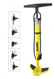 P4B Accessories P4B | Bicycle pump with round pressure gauge - for presta, schrader, dunlop | Floor pump for bicycle tyres, balls, air mattresses | Bicycle stand pump with stable foot | In yellow