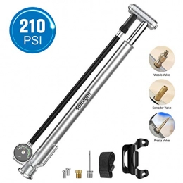 tomight Bike Pump tomight Mini Bike Pump, High Pressure 210 PSI / 14.5 Bar Floor Pump with Pressure Gauge and Flexible Hose, Accurate Fast Inflation, Including Gas Needle to Inflate Sports Balls, Swimming Rings -Silver