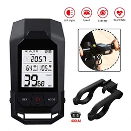 HWUKONG Accessories HWUKONG Wireless Bike Odometer, Bluetooth Bike Computer, Unique Bicycle Speedometer with 18 Functions Heart Rate, Speed, Cadence Display Integrated 400LM Bike Headlight