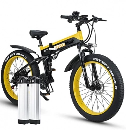 HFRYPShop Bici elettriches 26" Fat Bike Elettrica, Batteria Removibile da 2 * 10, 4Ah 48V, Cambio Shimano a 21 Velocità, 85Nm, Doppio Ammortizzatore, Per Adulti, Per Tutti i Terreni (giallo)