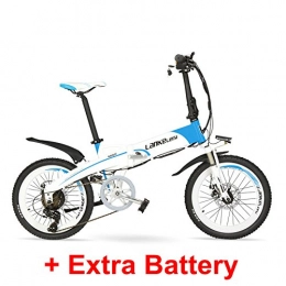 LANKELEISI Bici elettriches LANKELEISI G660 48V10Ah Batteria Nascosta ad Alta Potenza da 20"Bicicletta da Montagna elettrica Pieghevole, Telaio in Lega di Alluminio, Forcella Ammortizzata (White Blue 10Ah + 1 Spare Battery)