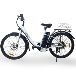 Wueps Bici elettriches Wueps Bicicletta elettrica da 26" per uomo e donna, cambio Shimano, motore a lunga durata, batteria a lunga durata, prodotta in UE - 25 km / h | freni a disco, luce LED (bianco)