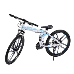 Fetcoi Bici Bicicletta pieghevole da 26 pollici, colore bianco / blu, 21 marce, con doppio telaio ammortizzante, altezza della seduta regolabile, mountain bike, peso 130 kg, per campeggio, sport all'aria aperta