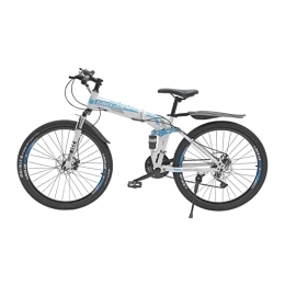 Fetcoi Bici pieghevoli Bicicletta pieghevole portatile da 26 pollici, 21 velocità, pieghevole, per sport all'aria aperta, con freni a doppio disco, bicicletta leggera in acciaio al carbonio per uomo e donna (blu e bianco)