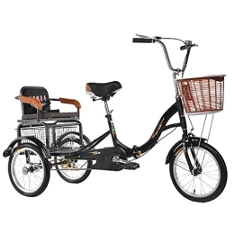 MAYIMY Bici Triciclo adulto 16 '' 20 '' pieghevole a 3 ruote con cesto di verdure + sedile posteriore per anziani e genitori telaio in acciaio ad alto tenore di carbonio portante 200 kg(Color:BLACK, Size:16'')