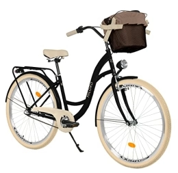 Generic Biciclette da città Bici da donna con cestino, bicicletta olandese, 28 pollici, colore nero, crema, cambio Shimano a 3 marce