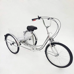 Bicicletta da 24" a 6 marce, 3 ruote, per adulti, con cestino per la spesa e schienale, per anziani, shopping, bicicletta da carico (argento con luce fissa)