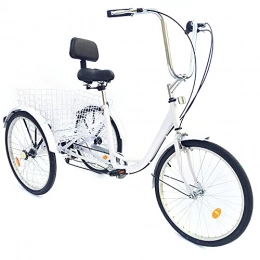 Bicicletta per adulti da 24", 6 velocità, 3 ruote, regolabile in altezza, per adulti, con cestino, portata massima 110 kg, per adulti e anziani, shopping, picnic (bianco)