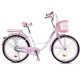 BHMNSP Biciclette da città Biciclette da crociera complete, Bicicletta da crociera da 26 pollici da spiaggia per donna-Bicicletta retrò classica con cestini e portapacchi posteriori Comoda (Color:Pink, Size:26in)