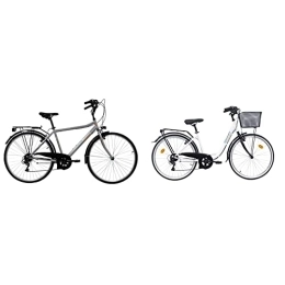 Discovery Bici Discovery Bicicletta Uomo, Bici Trekking Manhattan 28'' Cambio Shimano 6 velocità, Colore Metal, Silver Metallizzato, 28 & 26%22, City Bike Donna 26'' -Colore Bianco