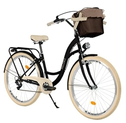 Generic Biciclette da città Milord - Bicicletta da donna con cestino, stile vintage, 26 pollici, colore: nero e crema, 7 marce Shimano