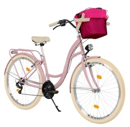 Balticuz OU Bici Milord Comfort, bicicletta con cestino, bicicletta olandese da donna, City bike, vintage, 28 pollici, rosa crema, cambio Shimano a 21 marce