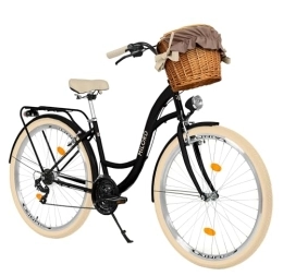 Balticuz OU Bici Milord Comfort, bicicletta con cestino in vimini olandese, bicicletta da donna, City bike, retrò, vintage, 28 pollici, colore nero, crema Shimano a 7 marce