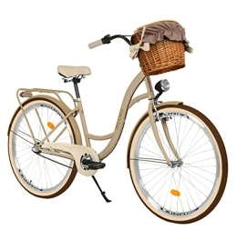 Generic Biciclette da città Milord Comfort - Bicicletta da donna con cestino in vimini, stile olandese, stile retrò, vintage, 28 pollici, marrone crema, cambio Shimano a 3 marce