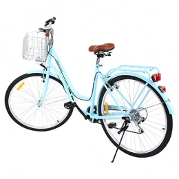 Generic Biciclette da città MuGuang - Bicicletta da città vintage da donna, 28 pollici, telaio in acciaio, ruote in alluminio con freno a contropedale, 7 marce senza ingranaggio, cestino incluso (blu)