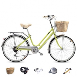 ZXLLO Biciclette da città ZXLLO Biciclette per Adulti per Donne Shimano A 6 velocità Bicicletta da Città Ruota 24in Adatto per Il Pendolarismo E Il Gioco con Cestino in Rattan Imitazione, Verde