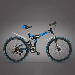 LANKELEISI Bici K660M Bicicletta pieghevole MTB da 24 / 26 pollici, Bicicletta pieghevole a 21 velocità, Forcella bloccabile, Sospensione anteriore e posteriore, Freno a disco, Mountain Bike (Nero Blu, 24 Inches)