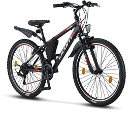 Licorne Bike Bici Licorne Bike - Mountain bike 26” cambio a 21 marce, forcella ammortizzata, bicicletta per bambini, ragazzi, donne e uomini, con borsa per il telaio, Bambino Uomo, nero / rosso / grigio