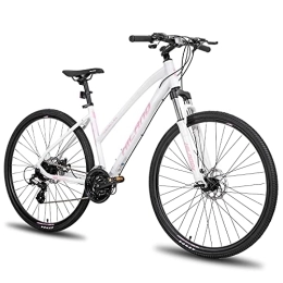 ivil Bicicleta Hiland 700C - Bicicleta híbrida (24 marchas de velocidad, con horquilla de bloqueo de suspensión, freno de disco, ciudad, viajero, comodidad, bicicleta, color blanco