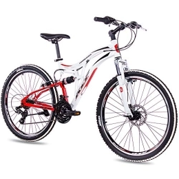 KCP Bicicleta KCP Fairbanks Bicicleta de montaña de 26 pulgadas, blanca y roja, suspensión completa, unisex, con cambio Shimano de 21 velocidades
