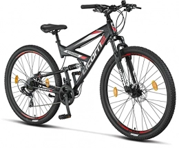 Licorne Bike Bicicleta Licorne Bike Bicicleta de montaña Strong 2D, para niños, niñas, mujeres y hombres, freno de disco delantero y trasero, 21 velocidades, suspensión completa, negro / rojo, 29 pulgadas