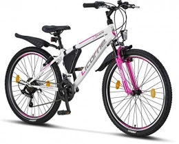 Licorne Bike Bicicleta Licorne Bike Guide Bicicleta de montaña de 26 Pulgadas, Cambio Shimano de 21 velocidades, suspensión de Horquilla, Bicicleta Infantil, Bicicleta para niños y niñas, Bolsa para Cuadro, Blanco / Rosa