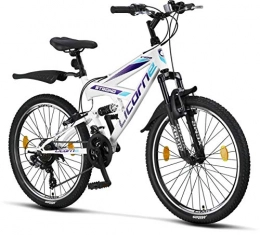 Licorne Bike Bicicleta Licorne Strong Bike - Bicicleta de montaña prémium de 26 pulgadas, para niños, niñas, mujeres y hombres, cambio Shimano de 21 velocidades, suspensión completa, Niñas, blanco / morado, 24 Pulgadas