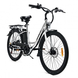 Kara-Tech Bicicletas eléctrica Bicicleta de ciudad para mujer de 26 pulgadas, Myatu Cityblitz de 10 Ah, 6 velocidades Shimano, color plateado
