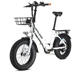HFRYPShop Bicicleta Bicicletas Electricas Plegables, 250W E-Bike de Off-Road Fat De Frenos Hidráulicos, Batería Litio 48V / 13Ah 70KM, con Neumático Gordo 4.0'', Cesta de Carga Delantera, Sin Necesidad de Licencia(Blanco)