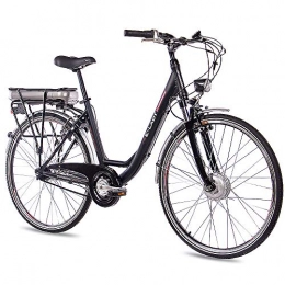 CHRISSON Bicicleta eléctrica de trekking y ciudad para mujer de 28 pulgadas, E-Lady negra con cambio Shimano Nexus de 7 velocidades, Pedelec para mujer con motor delantero Bafang 250 W, 36 V
