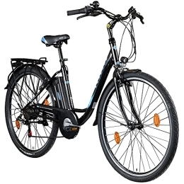Zündapp Bicicleta ZÜNDAPP Z505 E Bike - Bicicleta eléctrica para mujer de 28 pulgadas con 6 velocidades, bicicleta de ciudad, holandesa, para mujer, pedelec, entrada profunda (negro / azul, 48 cm)