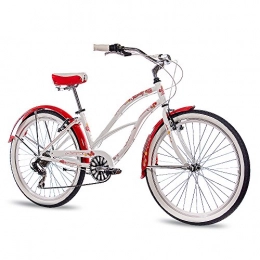 CHRISSON Crucero CHRISSON - Bicicleta de playa de 26 pulgadas, color blanco y rojo con cambio de cadena Shimano Tourney de 6 velocidades, para mujer en aspecto retro, vintage Cruiser Bike