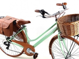 CSM Paseo Bicicleta Mujer Vintage retro Bici De Paseo Ruedas 28 con Shifter Shimano 6 velocidad + Cesta De mimbre y el bolso Trasero Doble / Verde Pistacho