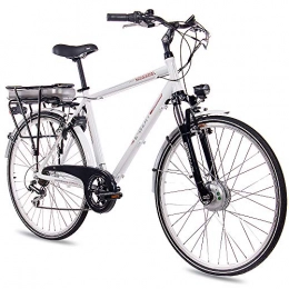 CHRISSON Paseo CHRISSON Bicicleta eléctrica de 28 pulgadas para trekking y ciudad para hombre, E-Gent blanco con 7 marchas Acera, Pedelec para hombre con motor de rueda delantera Bafang 250 W, 36 V