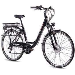 CHRISSON Bicicleta CHRISSON Bicicleta eléctrica de trekking y ciudad para mujer de 28 pulgadas, E-Lady negra con 7 marchas Acera, Pedelec para mujer con motor delantero Bafang 250 W, 36 V