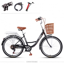 GHH Bicicleta GHH 26" Bicicleta Clasica Paseo Negro 7 Speed Unisex, Adulto, Cuadro de Acero con Canasta Luz de Noche Candado de Bicicleta, Bomba de Aire