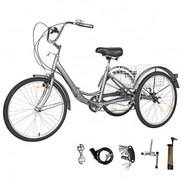 GNEGNIS Bicicleta GNEGNIS Triciclo para Adultos con cestas, 24 Pulgadas 7 Marchas, Bicicleta de Triciclo Plegable con Marco de aleación - Gris Plateado