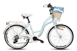 Goetze Bicicleta Goetze Mood - Bicicleta de ciudad retro vintage holandesa para mujer, ruedas de aluminio de 24 pulgadas, cambio Shimano de 6 velocidades, subida profunda, cesta con acolchado