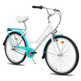 ivil Bicicleta Hiland Urban - Bicicleta de ciudad para mujer con freno en V, palanca de cambio Shimano de 3 velocidades y portaequipajes, color blanco y azul