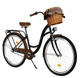Milord Bikes Paseo Milord Bikes Bicicleta de Confort Negro y marrón de 3 Velocidad y 28 Pulgadas con Cesta y Soporte Trasero, Bicicleta Holandesa, Bicicleta para Mujer, Bicicleta Urbana, Retro, Vintage
