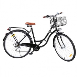 Desconocido Paseo MuGuang - Bicicleta de ciudad vintage para mujer de 28 pulgadas, marco de acero, ruedas de 28 pulgadas de aluminio con freno de contrapedal, 7 velocidades sin desviador, cesta incluida (negro)